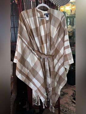 Lands End Poncho Cape Cream and Tan Plaid Wrap with Belt